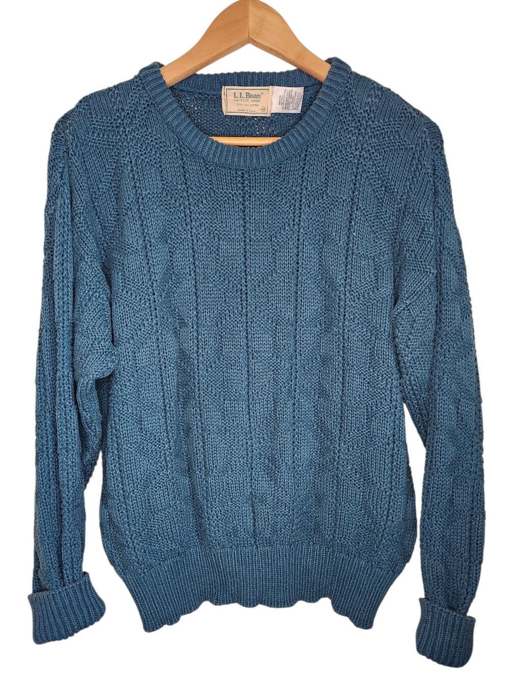 Vintage L.L. Bean Chunky Knit Blue Crewneck Cotton sweater Sz Medium